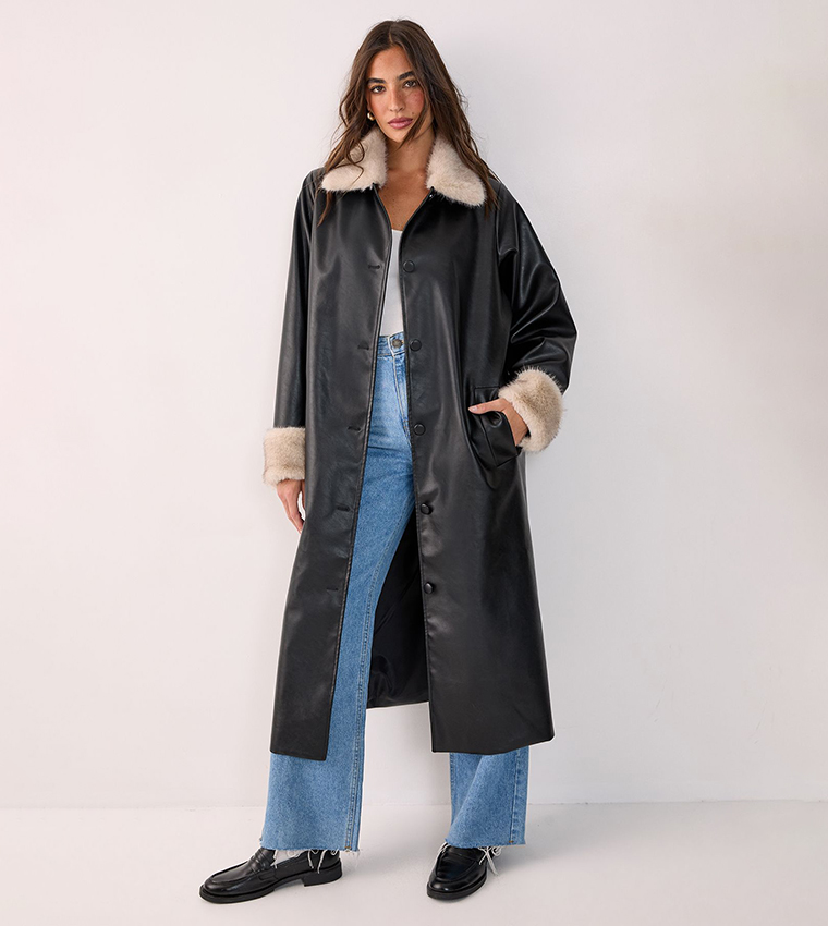 Fur Trim Faux Leather Longline Coat