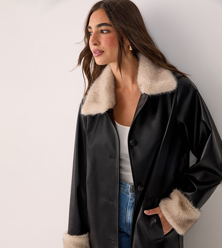 Fur Trim Faux Leather Longline Coat