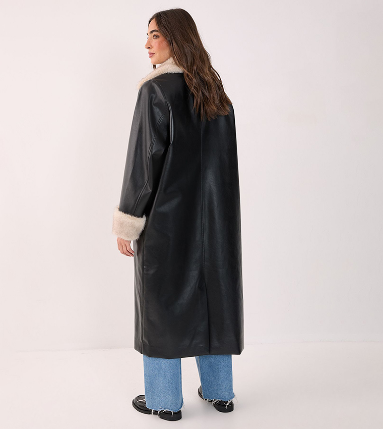 Fur Trim Faux Leather Longline Coat