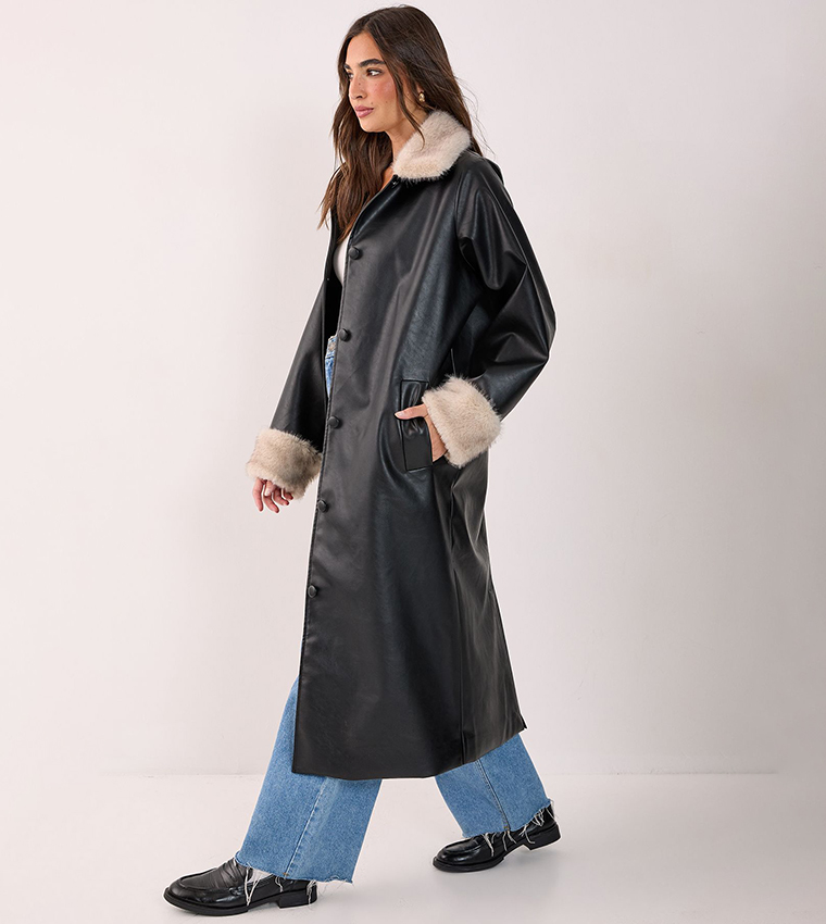 Fur Trim Faux Leather Longline Coat