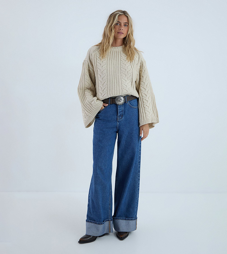 Buy Nasty Gal Knitted Chunky Cable Knit Crew Neck Sweater In Beige