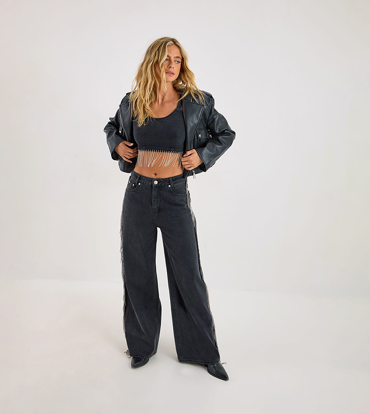 Denim Diamante Tassel Crop Top
