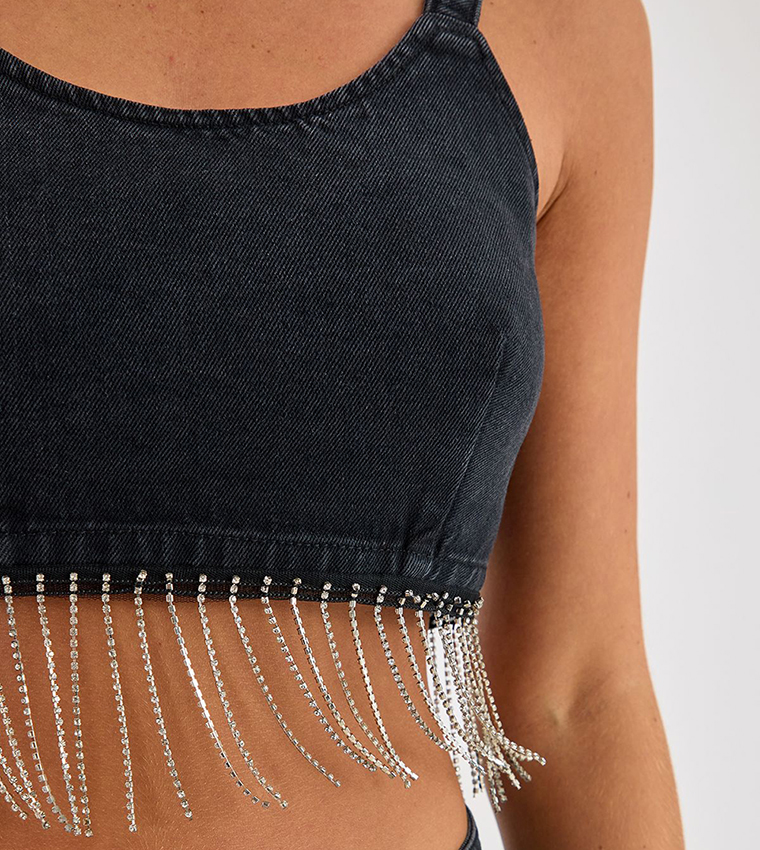 Denim Diamante Tassel Crop Top