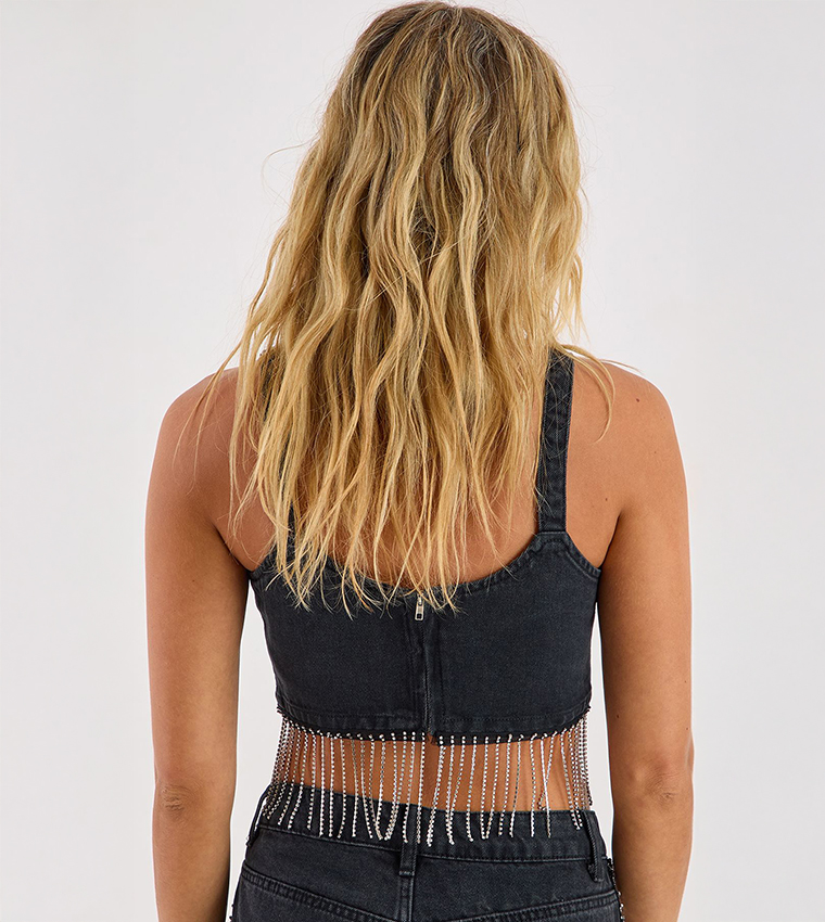 Denim Diamante Tassel Crop Top