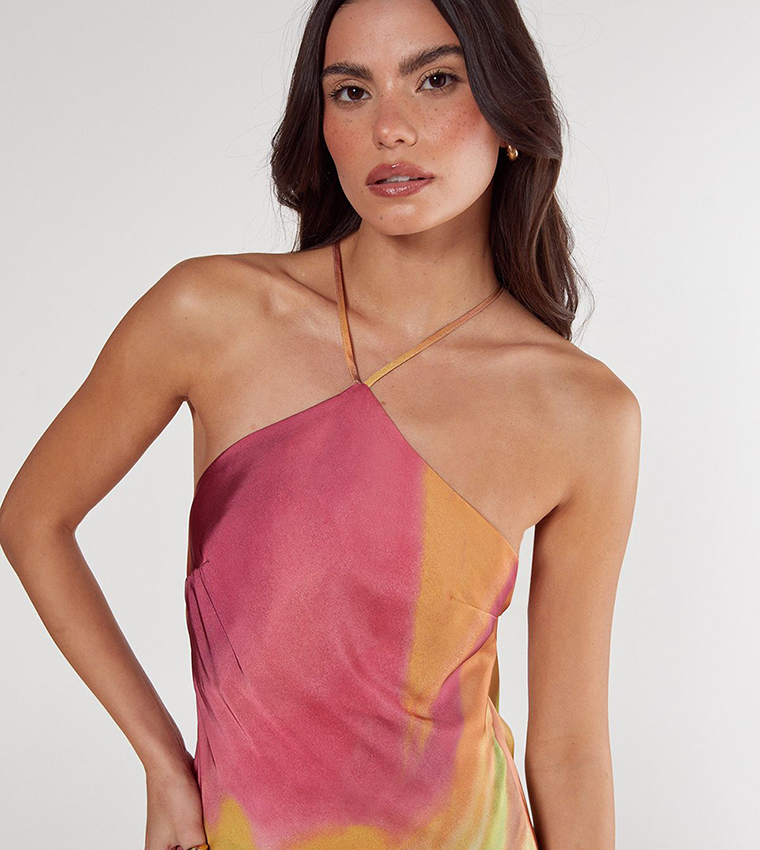 Satin Floral Ombre Halterneck Cowl Back Maxi Dress