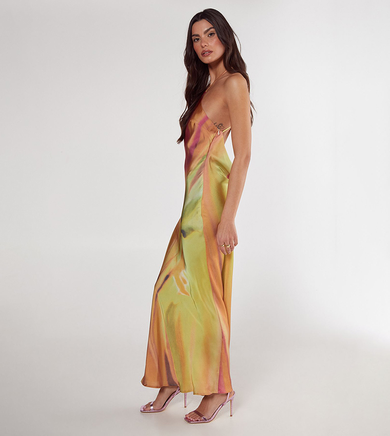 Satin Floral Ombre Halterneck Cowl Back Maxi Dress