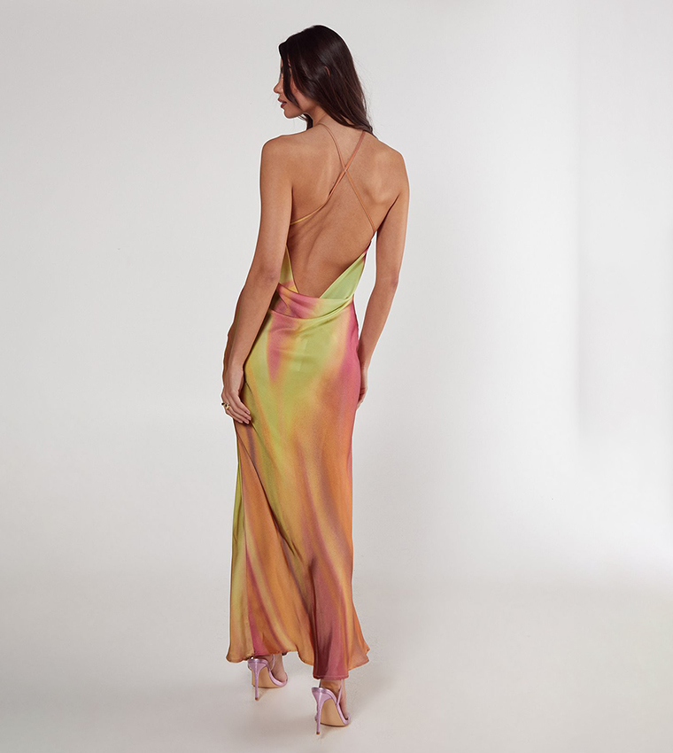 Satin Floral Ombre Halterneck Cowl Back Maxi Dress