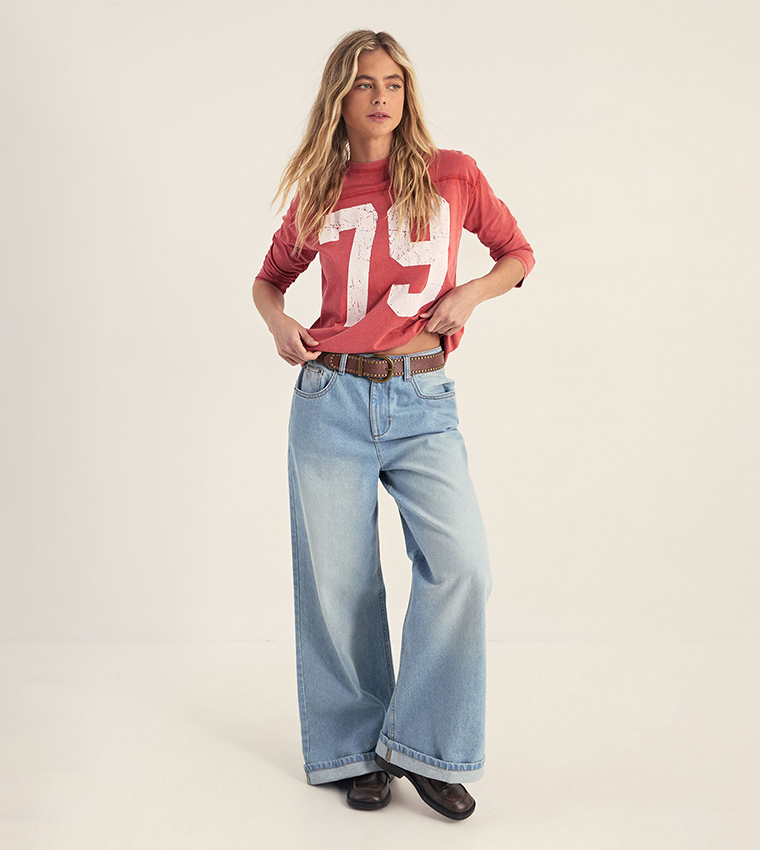 Varsity Long Sleeves Acid Wash Graphic T-Shirt