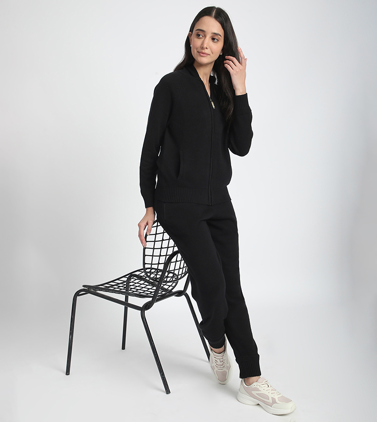 Solid Zip-Through Sweater Jacket