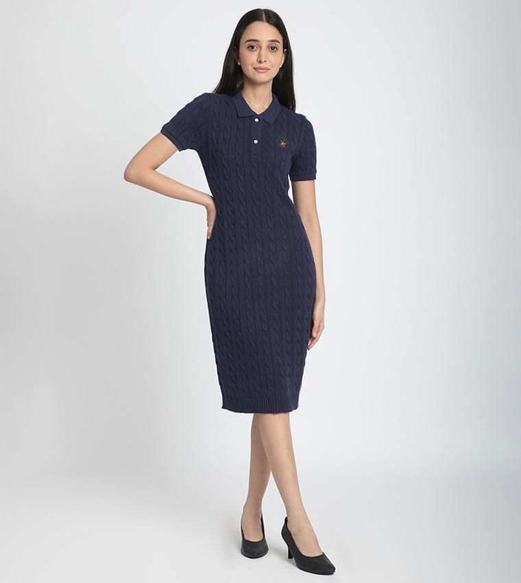 Logo Detail Cable Knit Sweater Dress
