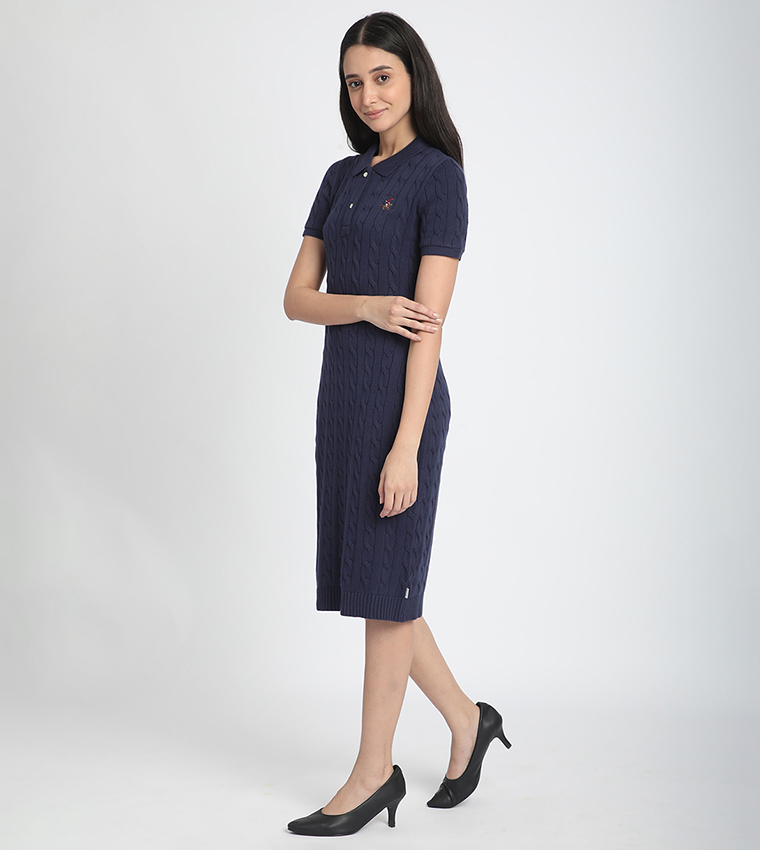 Logo Detail Cable Knit Sweater Dress