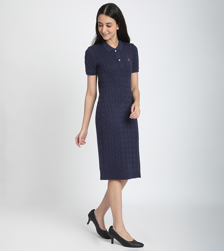 Logo Detail Cable Knit Sweater Dress