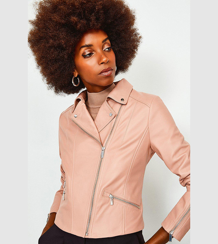 Buy Karen Millen Leather Signature Biker Jacket In Pink