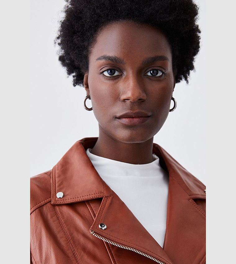 Buy Karen Millen Leather Signature Biker Jacket In Tan 6thStreet Qatar