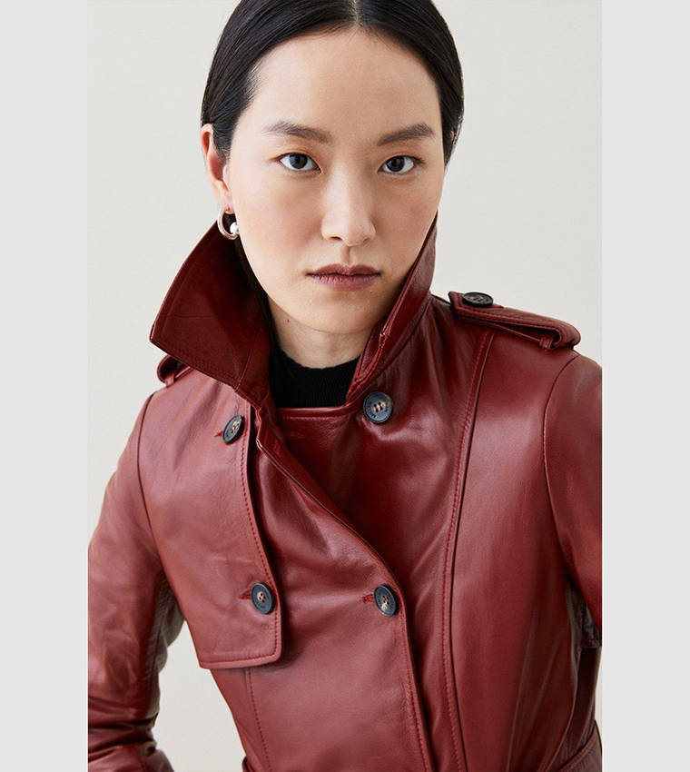 Buy Karen Millen Leather Trench Belted Mac Coat In Red | 6thStreet Qatar