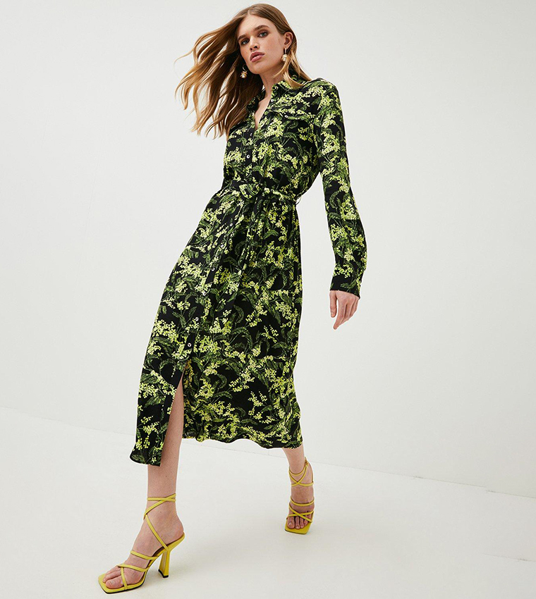 Buy Karen Millen Yellow Floral Print Woven Shirt Midi Dress In