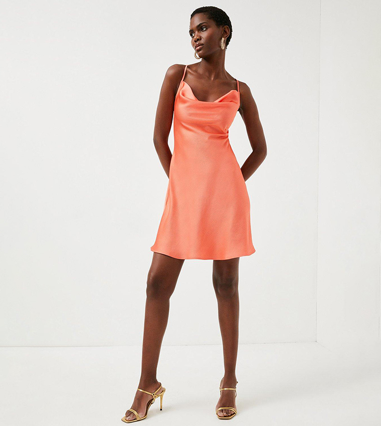 Buy Karen Millen Hammered Satin Cowl Mini Woven Slip Dress In Coral 6thStreet UAE