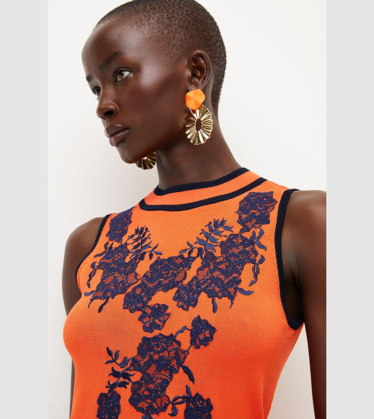 Buy Karen Millen Applique Embroidered Lace Knit Skater Mini Dress In Orange  | 6thstreet Oman