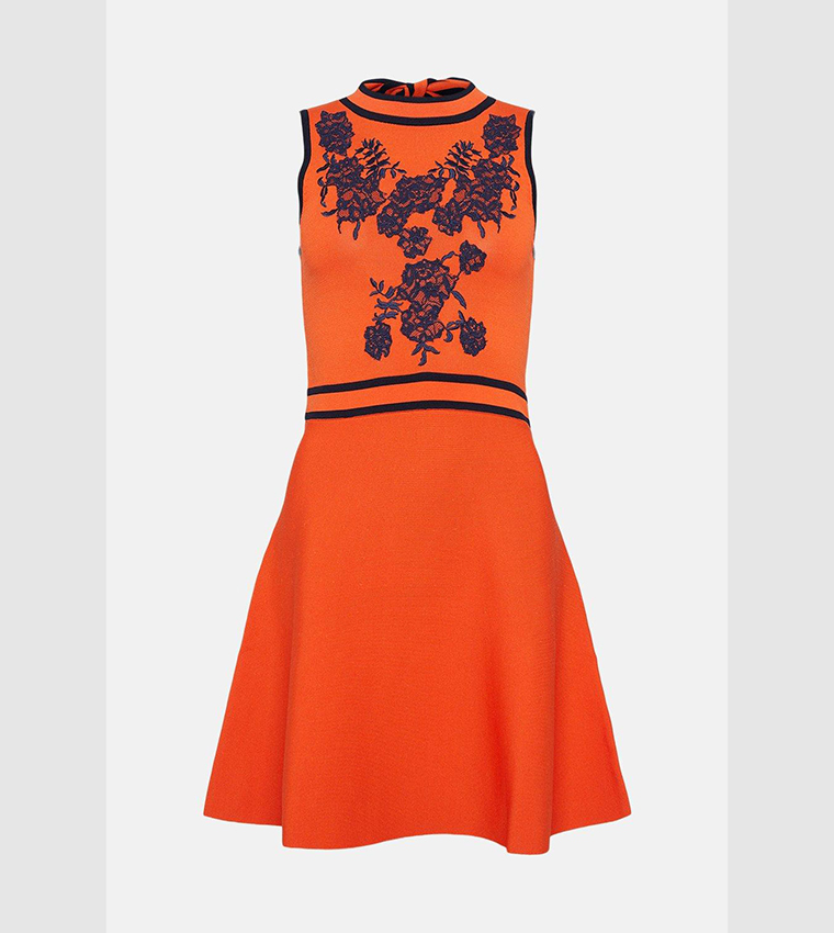 Buy Karen Millen Applique Embroidered Lace Knit Skater Mini Dress In Orange | 6thstreet Oman Buy Karen Millen Applique Embroidered Lace Knit Skater Mini Dress In Orange | 6thstreet Oman