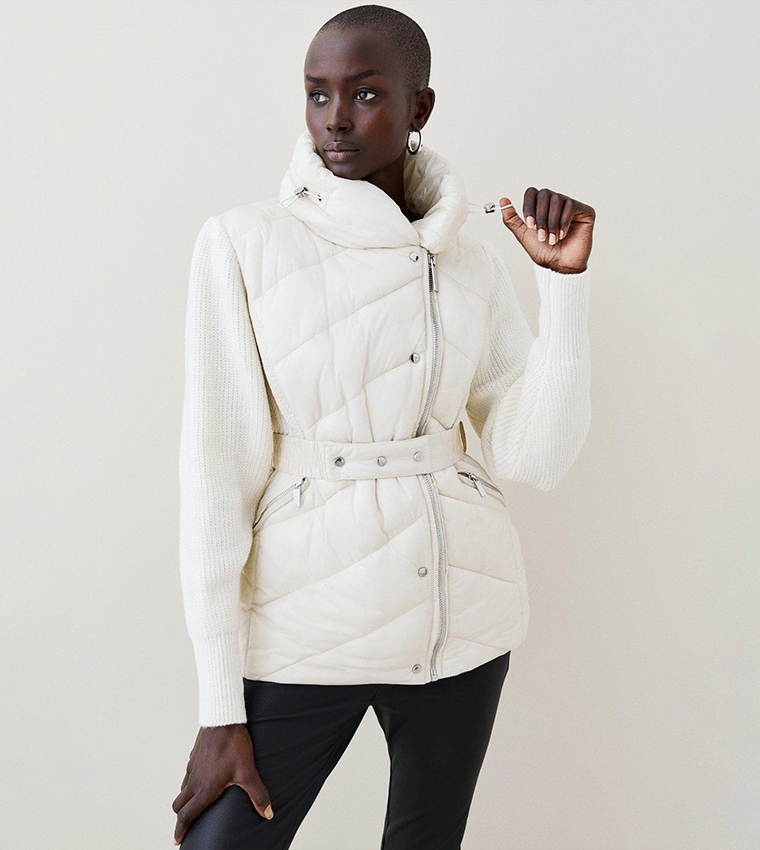 Buy Karen Millen Wool Blend Knit Sleeves Puffer Belted Jacket In White 6thStreet UAE