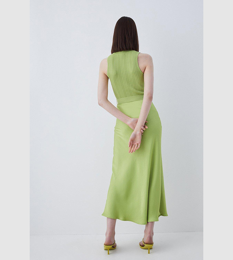 karen millen lime green dress Karen Millen Womens Sleeveless Belted Contrast Stitch Knit Maxi Dress - Green