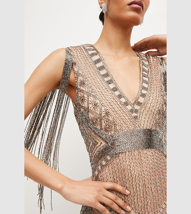 Buy Karen Millen Beaded Fringed Woven Maxi Dress In Nude | 6thstreet Oman