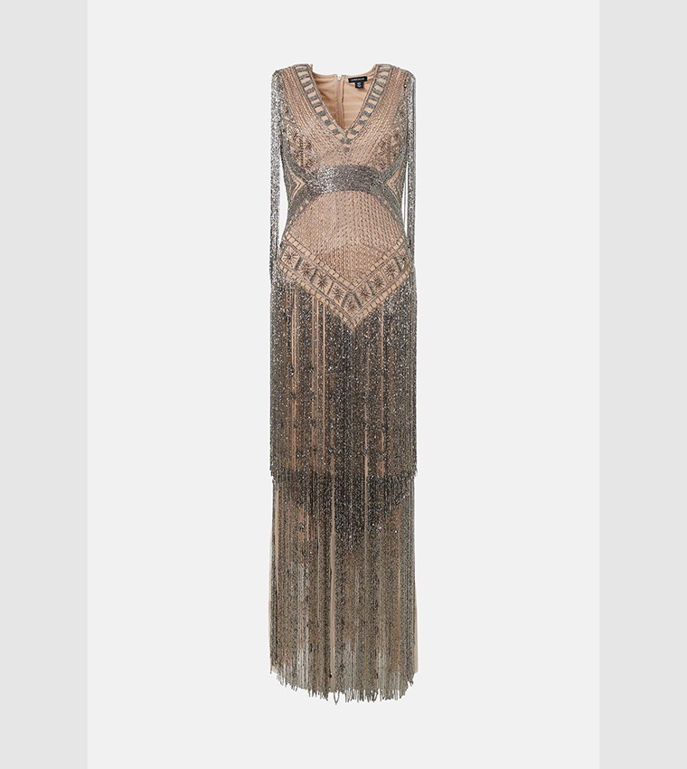 karen millen beaded fringed woven maxi dress Luxury Long White Lace Long Sleeves Beaded Mermaid Wedding Dress –  misshow.com main image 0