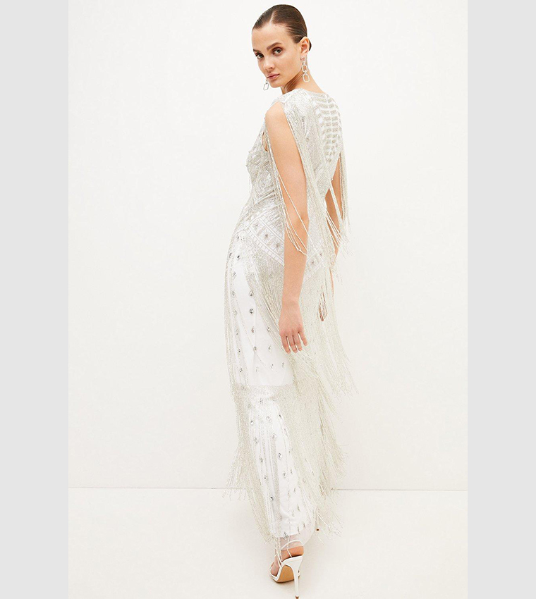 karen millen beaded fringed woven maxi dress Karen Millen Fringed Beaded Halter Neck Woven Maxi Dress in Cobalt