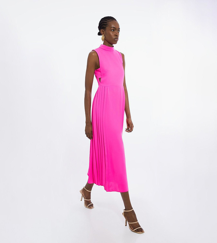 open lace back dress Semi-Sheer Pleated Panel Slit Long Dress