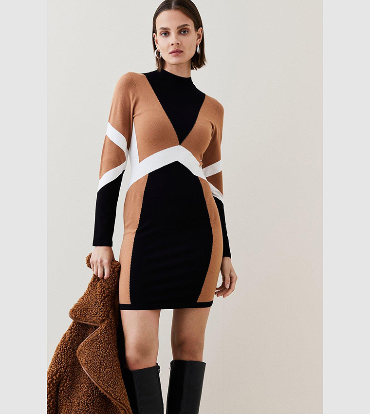 Buy Karen Millen Sporty Color Block High Neck Knit Mini Dress In Camel 6thStreet Bahrain