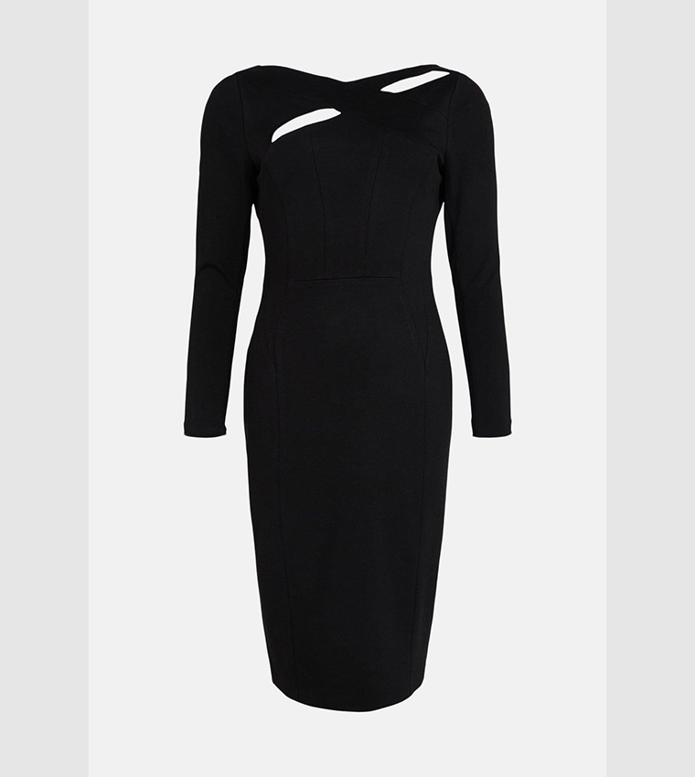 Buy Karen Millen Italian Structured Rib Cross Over Pencil Midi Dress In ...