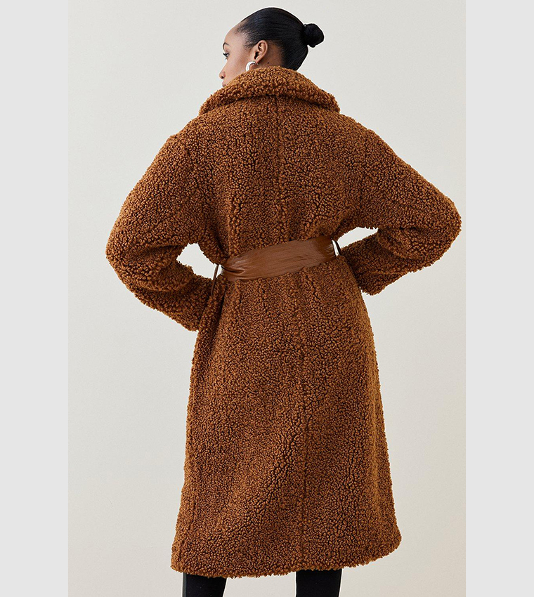 Buy Karen Millen Teddy Longline Pu Belted Coat In Beige