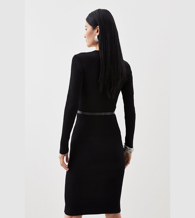 Buy Karen Millen Viscose Blend Rib Knitted Midi Belted Dress In Black