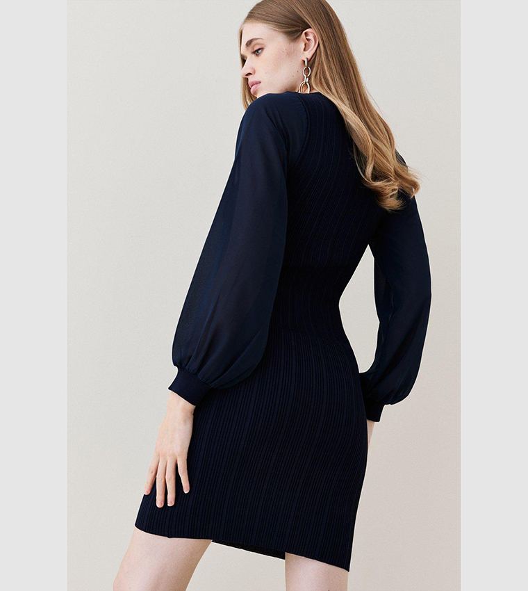 Buy Karen Millen Military Trim Rib Knitted Mini Dress In Navy