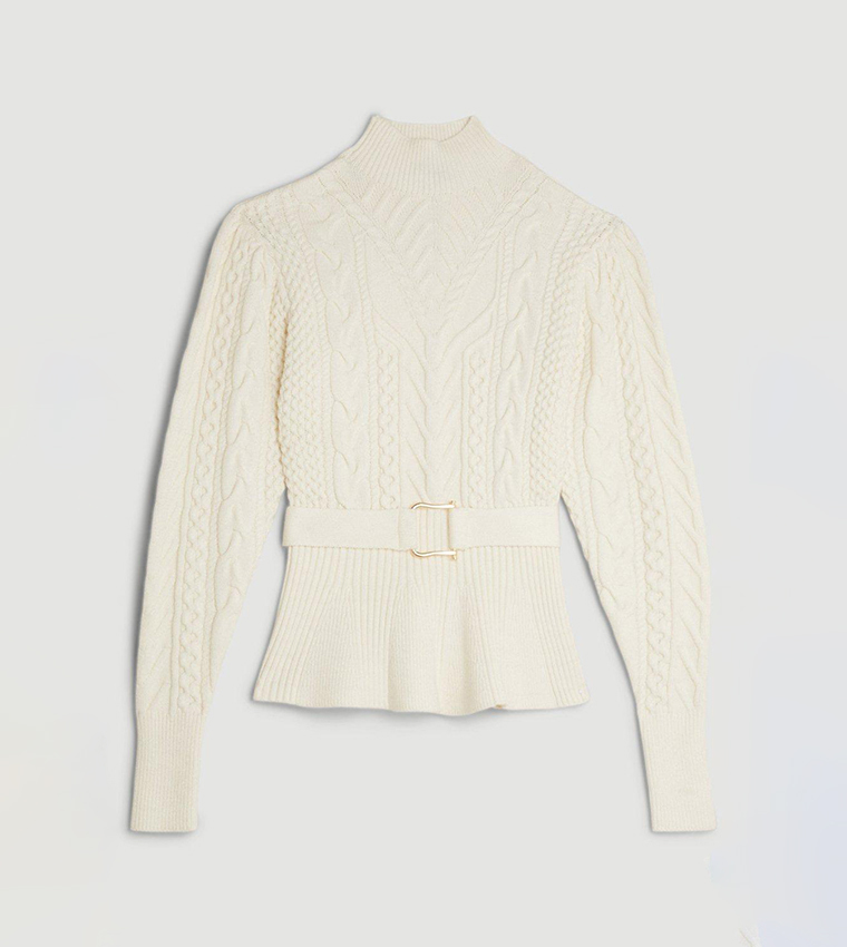 Viscose Blend Cable Knit Belted Peplum Top