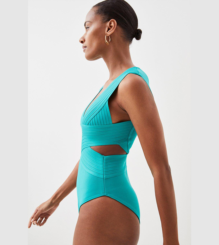 Buy Karen Millen Bandage Textured V Neck Swimsuit In Blue