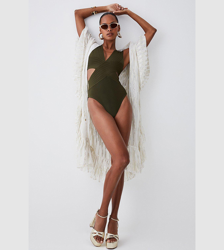 Buy Karen Millen Bandage Textured V Neck Swimsuit In Khaki