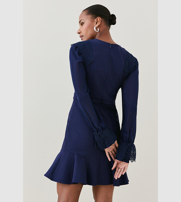 Buy Karen Millen Lace Detail Peplum Hem Jersey Mini Dress In Navy |  6thstreet Oman