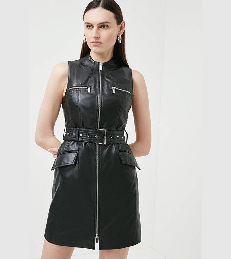 فستان قصير بايكر جلد بسحاب 