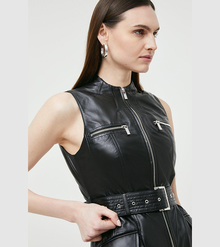 فستان قصير بايكر جلد بسحاب 