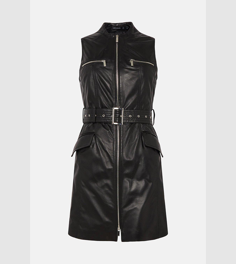 فستان قصير بايكر جلد بسحاب 