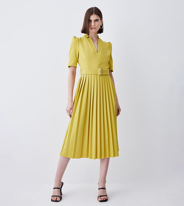 Buy Karen Millen Structured Crepe Forever Pleat Belted Midi Dress In Yellow 6thStreet Qatar