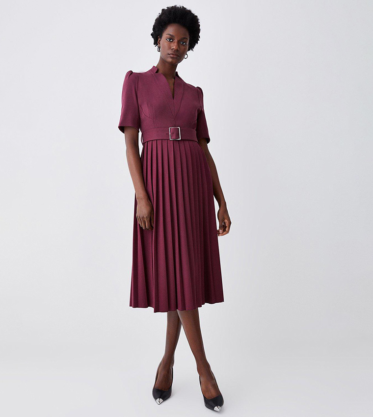 karen millen structured crepe forever pleat belted midi dress KAREN MILLEN STRUCTURED CREPE FOREVER PLEAT BELTED YELLOW MIDI DRESS UK 12 ASO