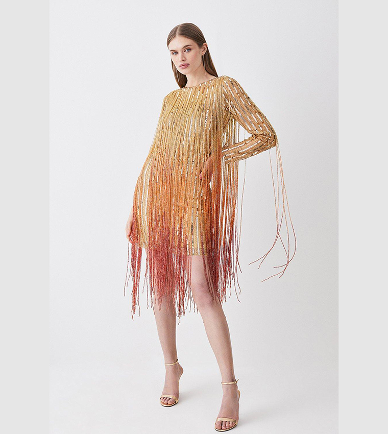 Buy Karen Millen Beaded Fringed Woven Mini Dress In Gold | 6thstreet Saudi  Arabia