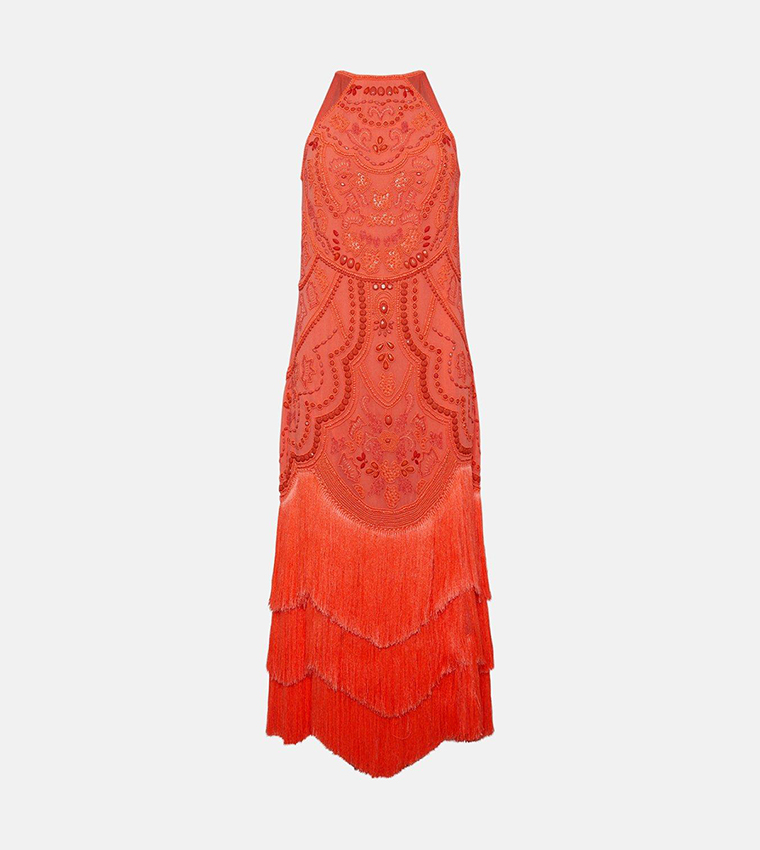 Buy Karen Millen Fringed Beaded Woven Midi Dress In Coral 6thStreet Kuwait