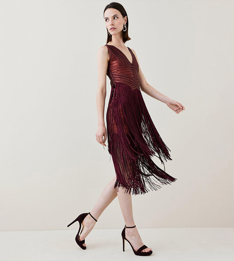 Buy Karen Millen Foiled Bandage Knit Fringe Tiered Midi Dress In