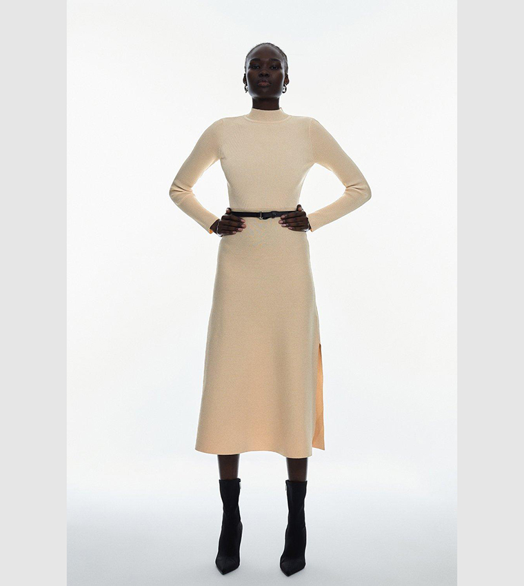 blue dress for baby girl Rent Karen Millen Cream Knitted Midi Dress With Pu Detailing main image 1
