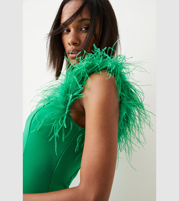 green emerald velvet dress Perrin Emerald Green Feather Dress High Slit Gown