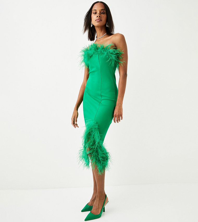 Buy Karen Millen Feather & Ponte Bandeau Midi Dress In Green