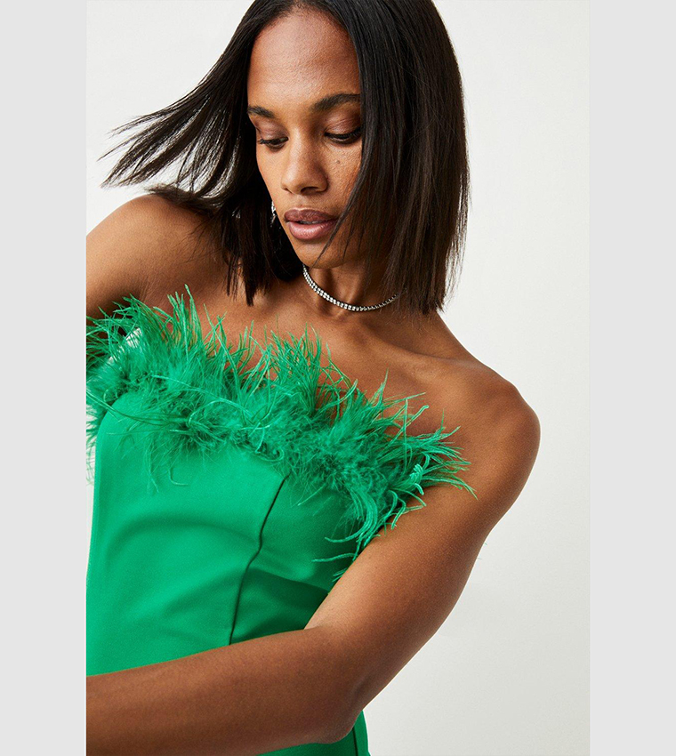 green emerald velvet dress Perrin Emerald Green Feather Dress High Slit Gown